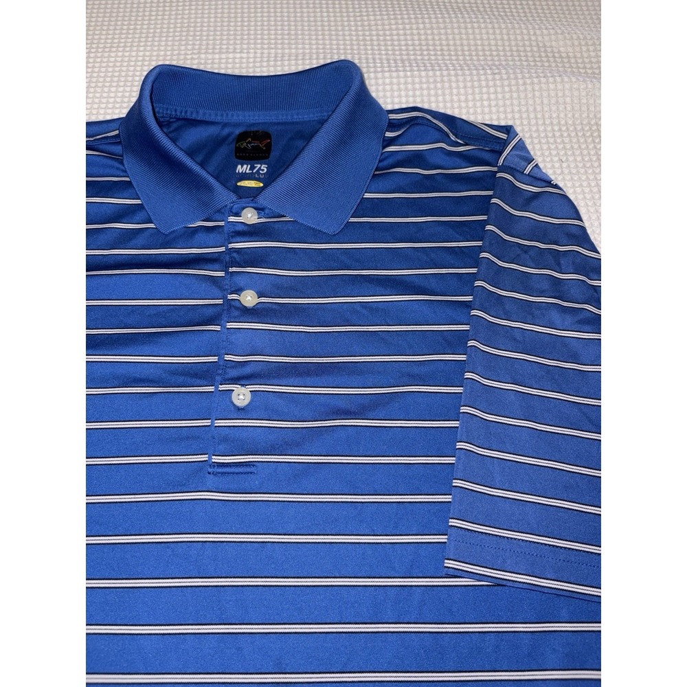 Shark Golf Polo Shirt Greg Norman Mens XL Blue Stripe PlayDry ML75 Duke Blue